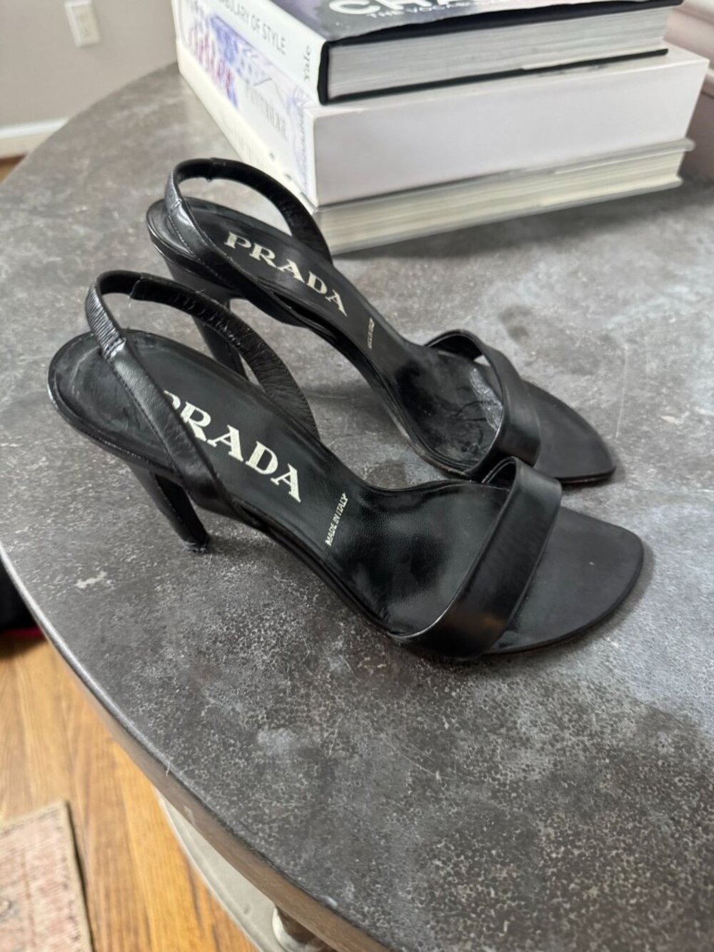 PRADA Vintage Black Leather Curved Heel Slingback Open Toe Sandals 35.5